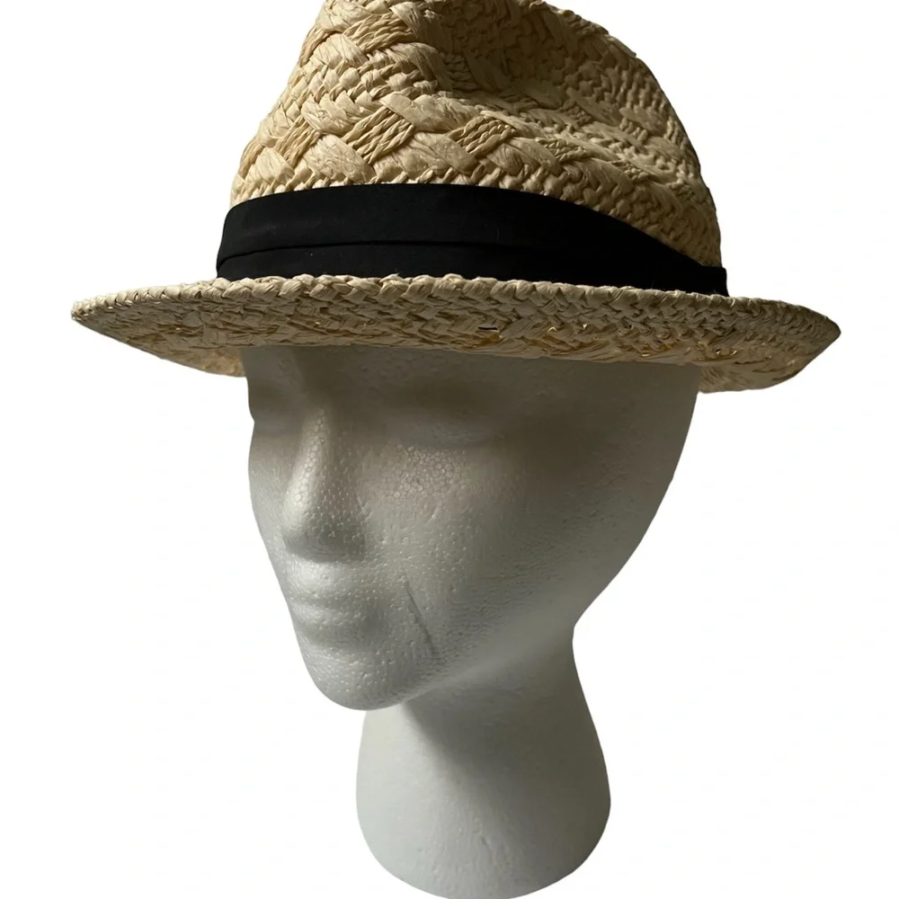 ALDO Paper Straw Fedora Hat Large Black Ribbon Lightweight Summer Sun Hat